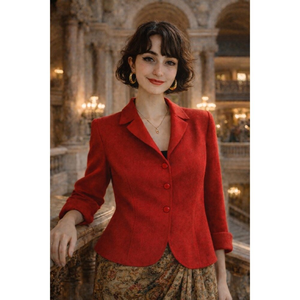 Escada Womens Red Angora Wool Blend Blazer Jacket Size 8 US Lightweight Italy